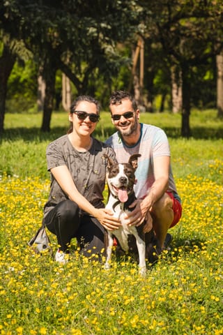 Paar posierend mit ihrem Hund in einer Blumenwiese