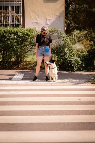 Frau mit ihrem Hund auf city street